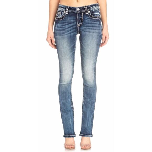 Miss Me Women's Embroidered Border Bootcut Jeans 30 Dark Blue
